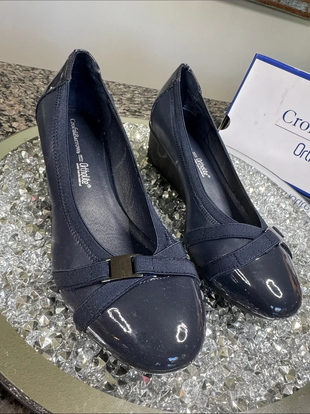 croft & barrow ortholite Navy Patent Wedge with cross cross AccentNEW 9